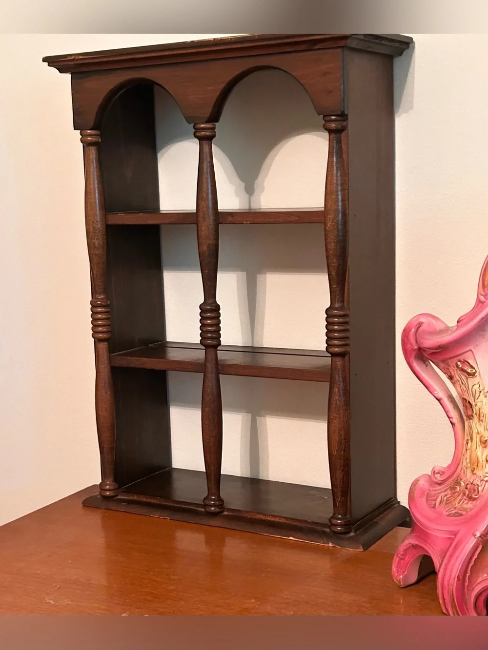 Vintage Wooden Three Tiered Shelf with Arches in Front